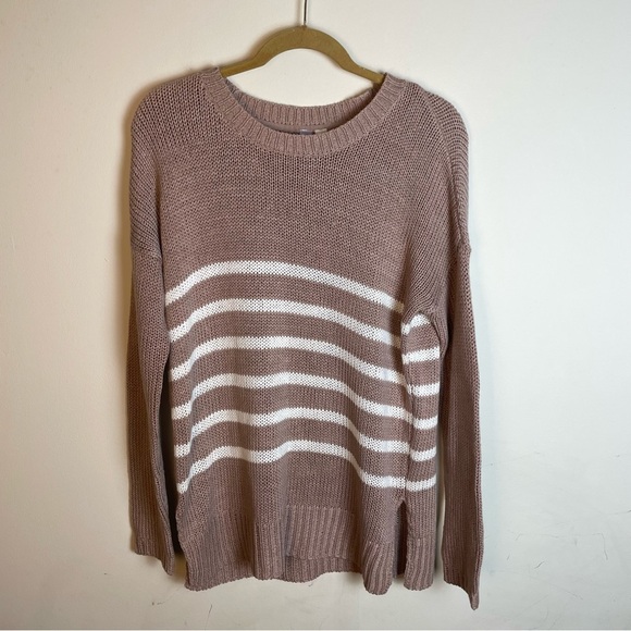 alya Tan Striped Knit Crewneck Sweater Size Medium - Picture 1 of 8